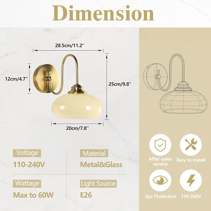 7.9" Yellow Glass Wall Sconce Mid Century Modern Kitchen Globe Wall Lamp Elegant Brushed Brass Wall Light Fixture Hardwired for Living Room, Bedroom, Bathroom - Image 2