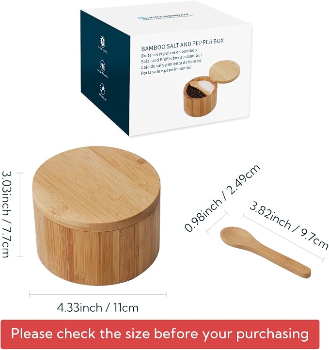 KITCHENDAO Bamboo Salt and Pepper Bowl Box Cellar, Built-in Spoon, Two Compartments Spice Seasoning Container, Sea Salt Cellar Holder, Magnetic Swivel Lid, Dual 5oz Capacity - Image 6