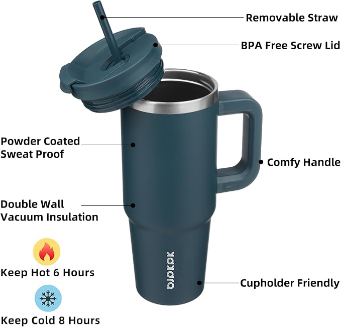 BJPKPK 30 oz Insulated Tumbler with Handle & Straw, Stainless Steel | Double Wall Vacuum Insulation, Leak Proof, BPA Free, Dishwasher Safe, Cupholder Friendly, Travel & Outdoor, Navy Blue - Image 2