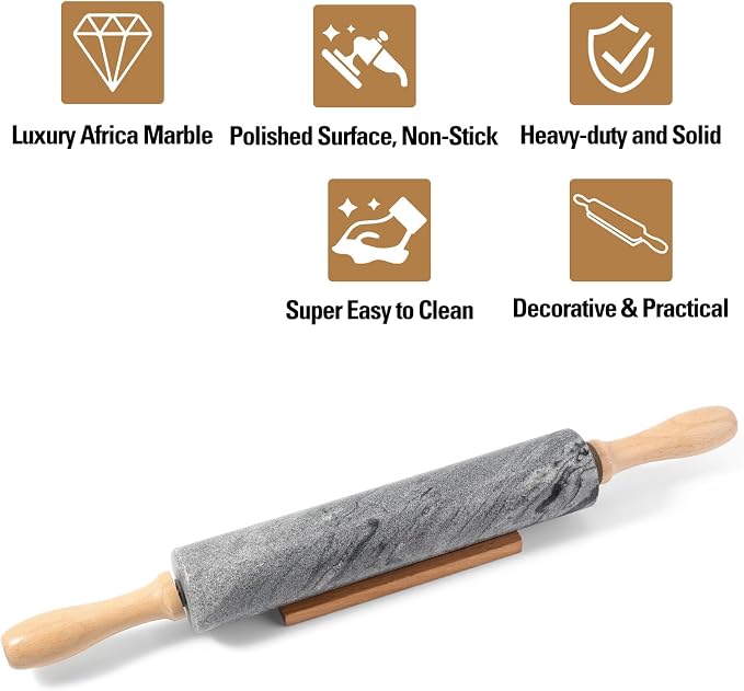 African Natural Marble Rolling Pin, Non-Stick Polished Dough Roller, Pasta, Dumpling, Fondant, Pie Crust, Bread, Pizza Dough, Kitchen Baking Pastry Tools with Mat/Scraper(Monte Grigio) - Image 6