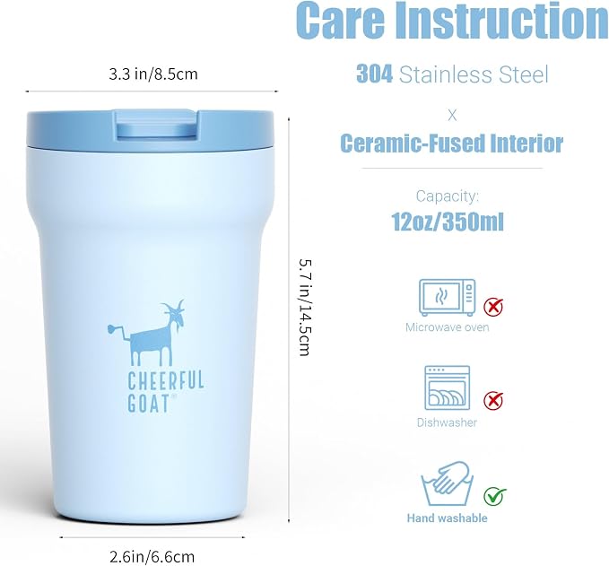 CHEERFUL GOAT Ceramic Lined Coffee Mug – Stainless Steel Travel insulated Tumbler with Ceramic Liner, with lid, 12oz Leak proof Cup for Hot and Cold Water Coffee at Home, Office, or On the Go (Blue) - Image 2