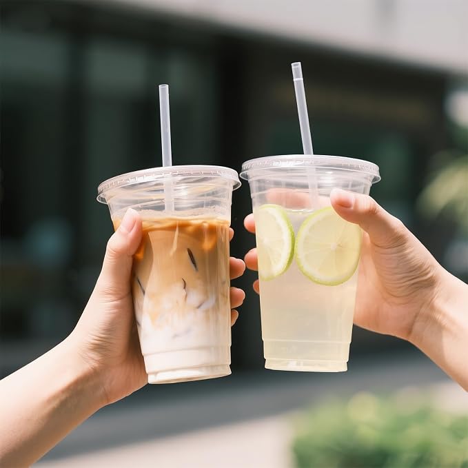 Ginkgo 100 Pack 24oz Clear Plastic Cups with Lids and Straws | Leak-Proof & Sturdy Disposable To Go Iced Coffee Cups for Smoothies, Lemonade - Image 6