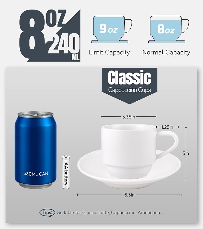 Lareina 8 Ounce Porcelain Cappuccino Cups Set of 4, Stackable Coffee Cups with Saucers, Spoons and Metal Stand -for Specialty Coffee Drinks, Cappuccino, Latte, Americano and Tea, White - Image 3