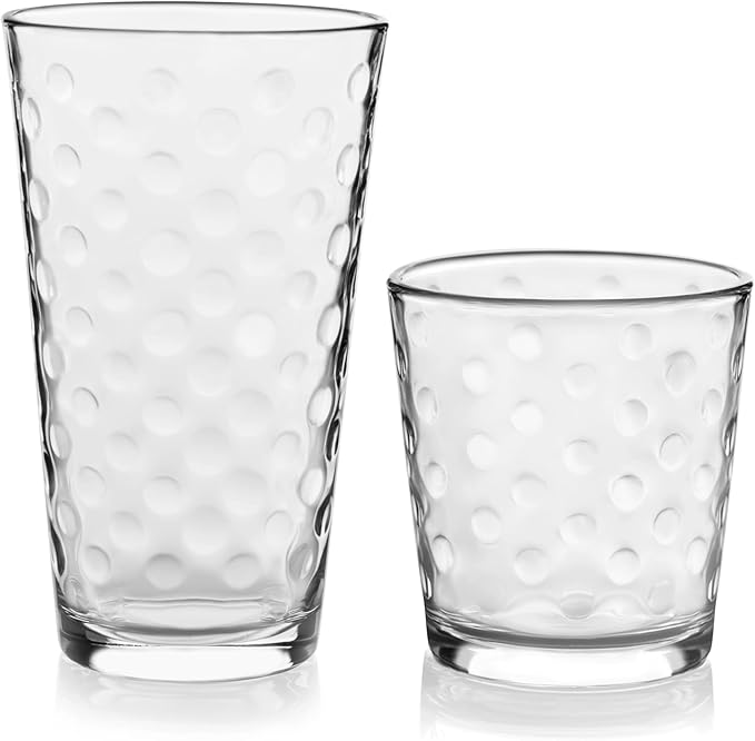 Libbey Awa Polka Dot Tumbler & Rocks Drinking Glasses Set of 16, Glass Cups | 16 oz and 13 oz Capacity Vintage-Inspired Polka Dot Texture for Water, Juice, Cocktails & More, Dishwasher Safe Cleanup by Libbey