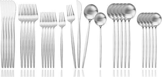 JASHII Flatware Silverware Set Stainless Steel Satin Finish Cutlery Set Service for 6, 30-Piece Spoons And Forks Kitchen Utensil Set, Dishwasher Safe (Matte Silver) by JASHII