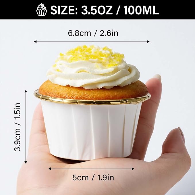EUSOAR Baking Cups, 50pcs 3.5oz Disposable Ramekins Muffin Cupcake Liners, Dessert Paper Cupcake Liners Aluminum Foil Wrappers Mini Cheesecakes Cups Holders for Birthday Wedding Party-White/Gold - Image 2