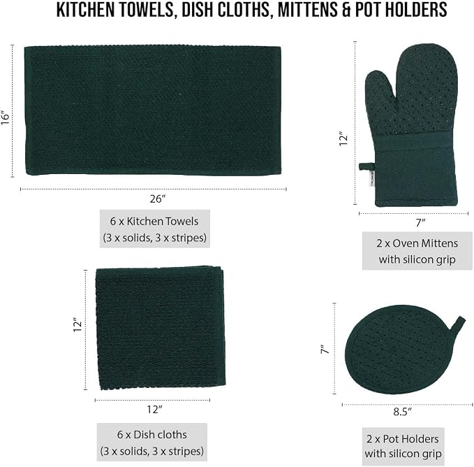 LANE LINEN Dish Towels and Dishcloths Sets - 16 Pc Kitchen Mitts and Pot Holders, 100% Cotton Kitchen Dish Rags for Washing Dishes - Green - Image 2