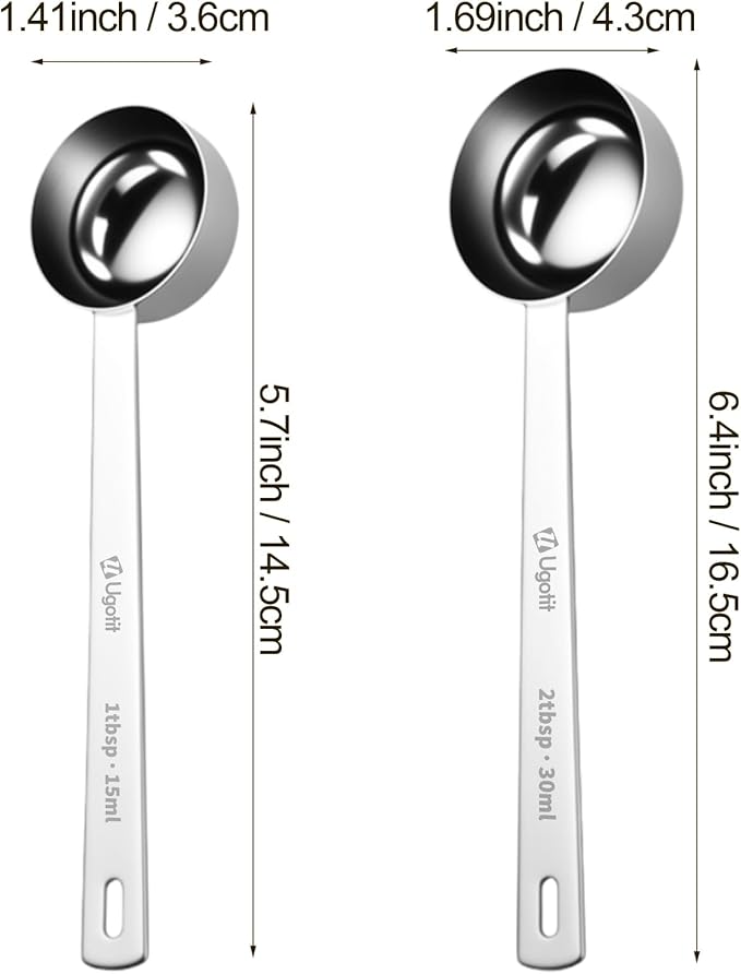 Ugotit Coffee Scoop 1 Tablespoon, Long Handle Measuring Spoons Set for Coffee, Tea, Flour, Spices - 304 Stainless Steel with Hanging Hole (Pack of 2)