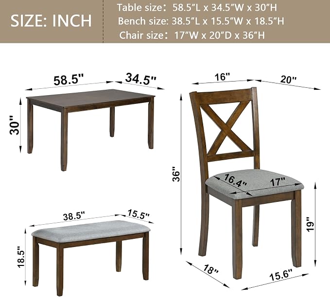6-Piece Dining Table Set with Bench and Chairs - Solid Wood Kitchen Dining Room Table Set in Farmhouse Rustic Style, Table Set for 6 with 4 Chairs and Bench Seat.(Walnut_Large) - Image 2