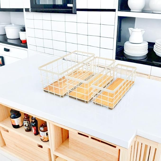 TIEYIPIN Farmhouse Decor Metal Wire Storage Baskets, Wood Base Containers Organizing Basket Caddy Bin for Kitchen Cabinets, Bathroom, Pantry, Garage, Laundry Room, Closets - Cream White (Set of 3) - Image 2