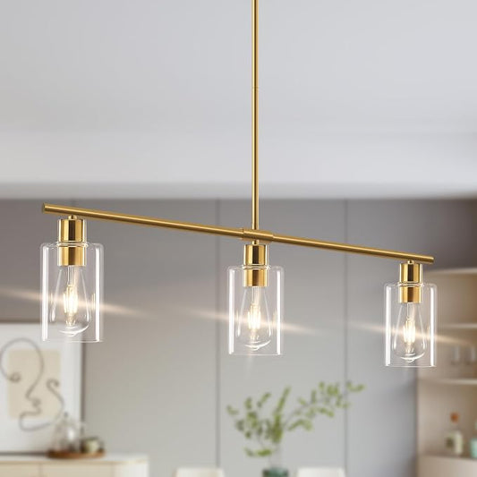 Kitchen Island Lighting, Linear Chandeliers Rectangle Pendant Light Fixtures for Dining Room Farmhouse Hanging Light with Glass Shades (Gold, 3 Lights) by Yarlkav