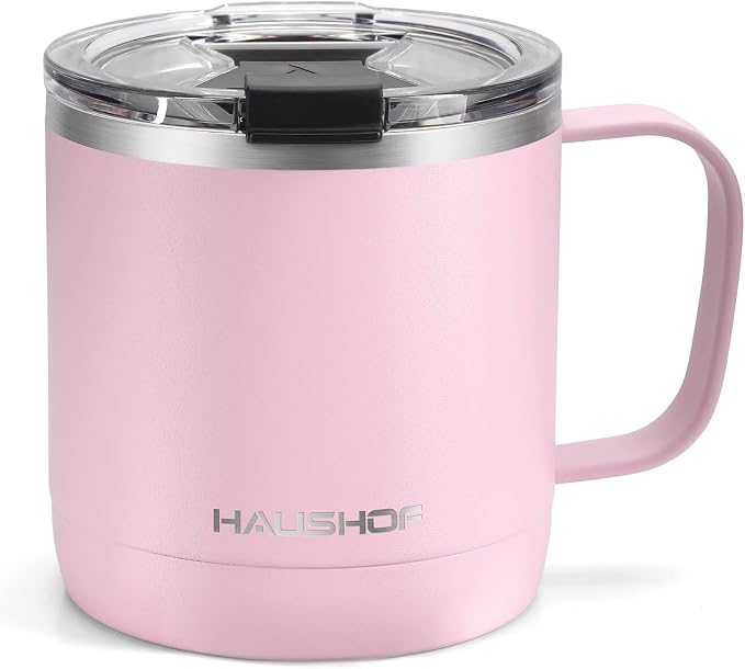 HAUSHOF 14 oz Coffee Mug, Insulated Coffee Mug with Handle, Travel Camping Cup, Portable Stainless Steel Coffee Cup, Insulated Coffee Cups with Lid, Pink by HAUSHOF