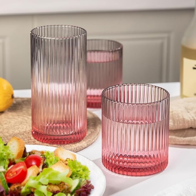 Ribbed Drinking Glasses 8pcs, 12oz and 10oz Glassware, Tumbler Glasses Cup Set for Wedding, Party, Christmas Gift, Grey Pink - Image 3