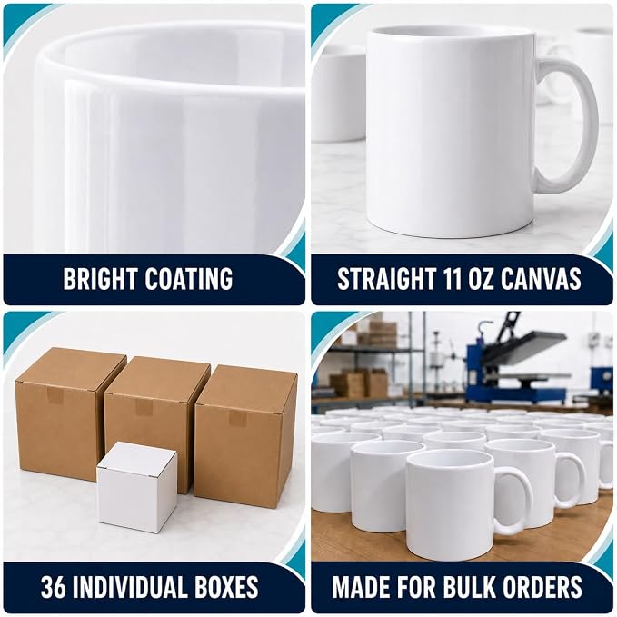36 Pack Sublimation Mugs 11oz White Blank Ceramic Coffee Mugs with Individual White Boxes, AAA Grade with Premium Coating for Heat Press DIY, Dishwasher Microwave Safe - Image 6