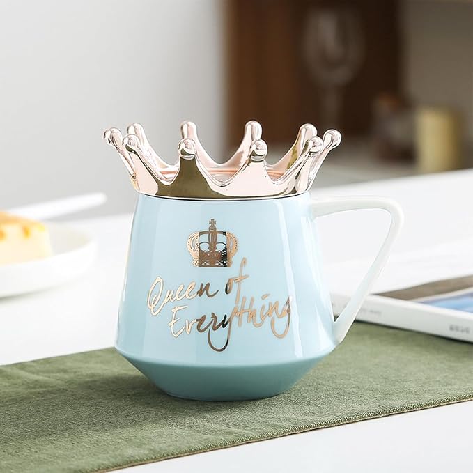 Arawat Queen of Everything Mug with Lid Crown 12 Oz Queen Elizabeth Cup Gift Blue Ceramic Mugs Birthday Gifts for 20 30 40 50 60 70 Women Gift for Girlfriend Mom Valentine's Day Gifts for Women Man - Image 2