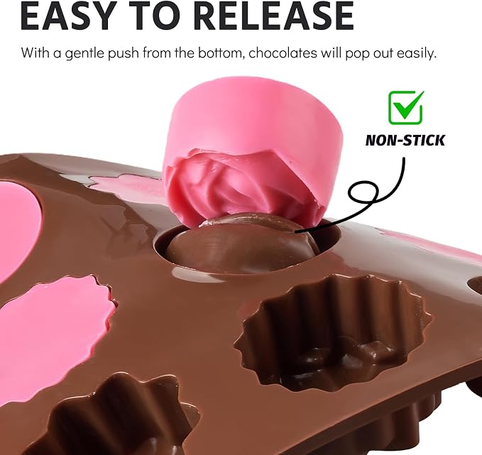 Puyeipt Mini Silicone Chocolate Molds, 2 Pack, 60 Cavities | Non-Stick Candy Molds, Bite Size Chocolates, Candies, Truffles, Gummies, Jelly, Heart, Sunflower, Rose, Square, Swirl Shaped - Image 4