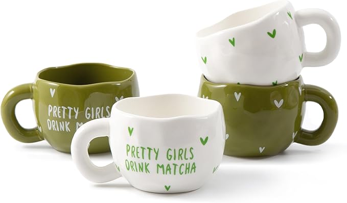 4pcs Ceramic Coffee Cups, 9.4OZ Cute Matcha Cup Set, Green & White, Dishwasher Safe Green Tea Mugs, Pretty Girls Collection by YumiPLUS