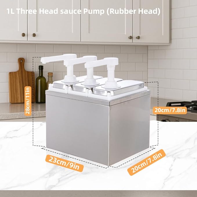 3.17 Quart Condiment Dispenser Pump,Syrup Pump Dispenser with Measuring Cup, Large Capacity Detachable Leak-Proof Design for Sauce, Honey, Syrup,Soy Sauce,Mustard,Cheese (1.06 QT, 3 pumphead)