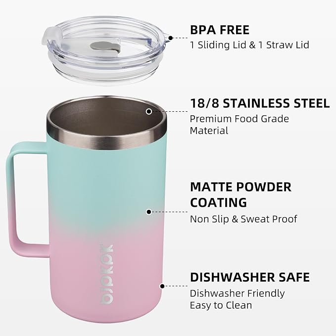 BJPKPK 25oz Insulated Coffee Mug with Handle, Stainless Steel Travel Mug | Keeps Drinks Hot & Cold, Double Wall Vacuum, 2 Lids Included, BPA-Free Coffee Tumbler for Home, Office & Travel - Image 2