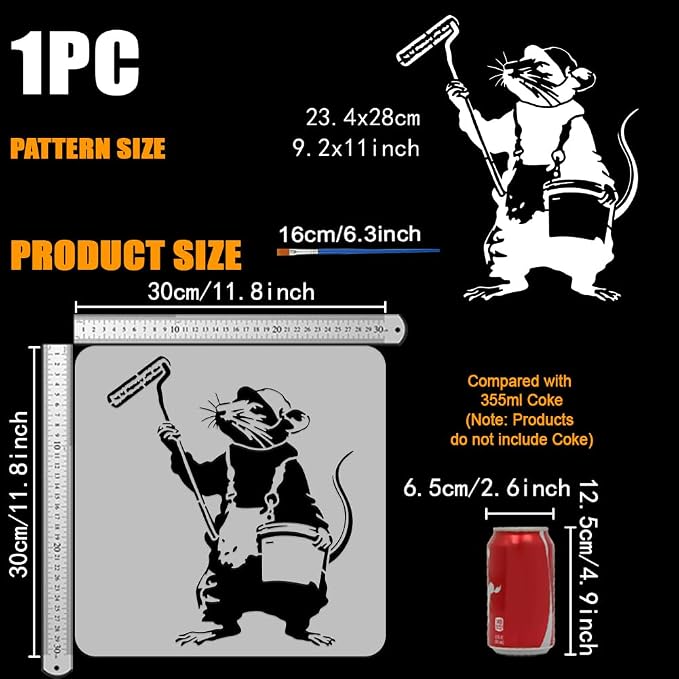 FINGERINSPIRE Banksy Mouse Stencil for Painting with Brush 11.8x11.8inch Reusable Mouse Holding Paint Roller Template Hollowed Rat Carrying Paint Bucket Stencil Plastic PET Banksy Theme Template - Image 2