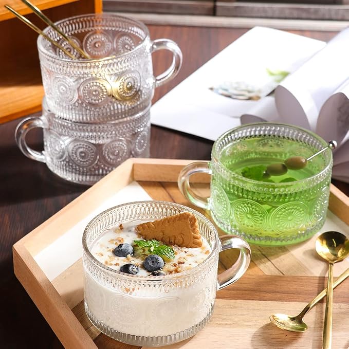 Vintage Glass Coffee Mugs Set of 4, 14 Ounces Embossed Glass Coffee Cups Stackable Coffee Mugs for Cereal, Yogurt, Latte, Clear Breakfast Cups with Handle for Beverages (Sunflower*4) - Image 3