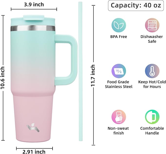 Konokyo 40 oz Insulated Tumbler Water Bottle with Handle, Straw Lid | BPA-free and dishwasher safe; made for gym, travel, coffee and gifting, 2 straws, cup holder friendly,Gum - Image 4