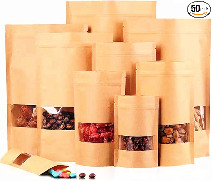 Kraft Heat Sealable Stand Up food Pouches Paper Mylar Bags With Clear Window And Zipper, Heavy Duty Decorative Resealable Recycled For DIY Homemade Chips Favor Cookies Christmas (50pcs 4x6+2.4 inch) by Unknown
