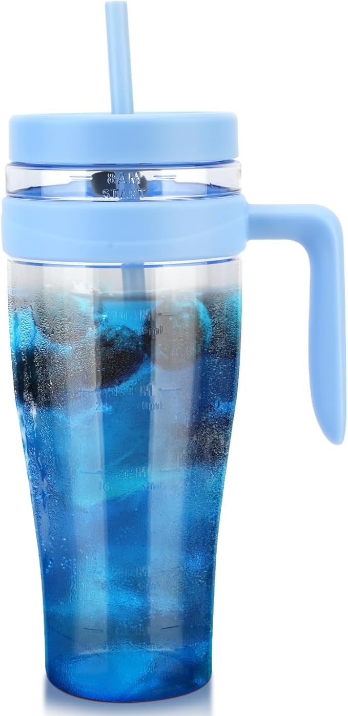 Hydraful 50 oz Tritan Plastic Tumbler with Lid and Straw and Handle - 100% Leak-Proof - Perfect for Iced Coffee, Smoothies, and Juice - Wide Mouth Reusable Water Bottle with Time Marker