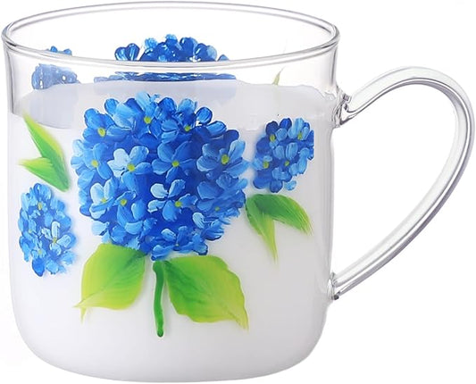 12oz/350ml Hand Painted Glass Cups With Handle,Clear Glass Coffee Cups,Coffee Glasses For Hot Beverages,Clear Mugs (Hydrangea)
