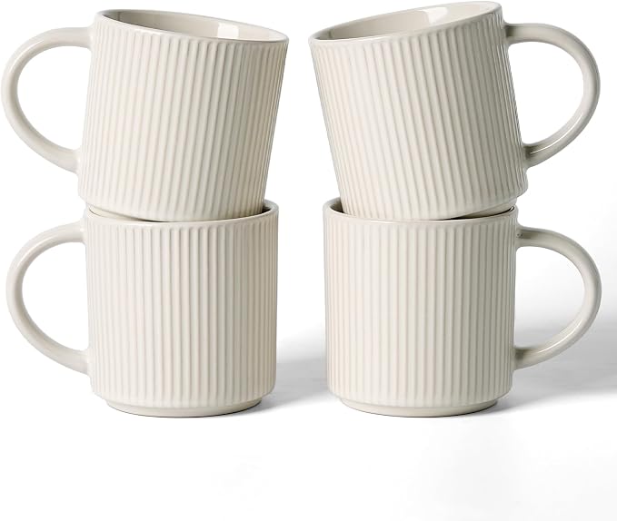 famiware Coffee Mug Set for 4, Star 12 oz Catering Mugs Cup Set with Handle for Coffee, Tea, Cocoa, Milk- Ceramic Stoneware Drinkware Set, Oat by Famiware