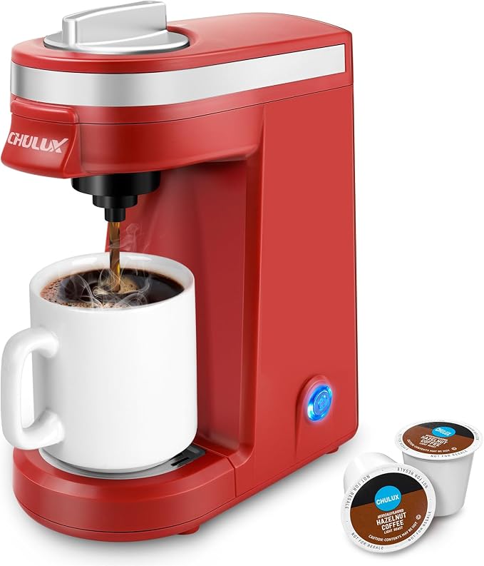 CHULUX Mini Single Cup Coffee Maker for K Pod, Perfect for Small Space, Red | Fast-Heating Boiler System, Single Cup Brewing, Portable Compact Design, Four-Hole Multi-Stream Needle, Adjustable Drip Tray by CHULUX
