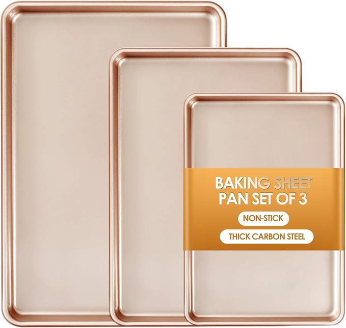 Baking Sheet Pan Set of 3, Nonstick Commercial Cookie Sheets for Baking | Commercial Half/Quarter/Jelly Roll Pans Replacement Toaster Oven Tray, Heavy Duty & Easy Clean by Deedro