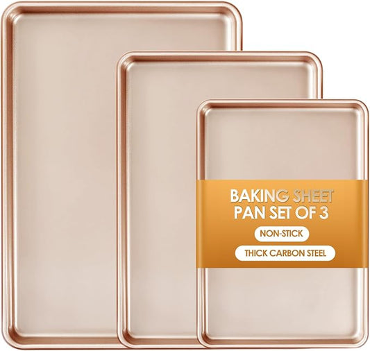 Baking Sheet Pan Set of 3, Nonstick Commercial Cookie Sheets for Baking | Commercial Half/Quarter/Jelly Roll Pans Replacement Toaster Oven Tray, Heavy Duty & Easy Clean by Deedro