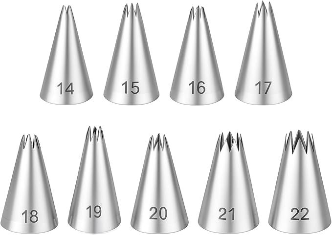 JIEYAO 9 Piece Stainless Steel Star Piping Tips Set, French Open Star Tube Frosting Nozzle Kit Pastry Decorating Tips for Cupcakes Cakes Cookies Decorating
