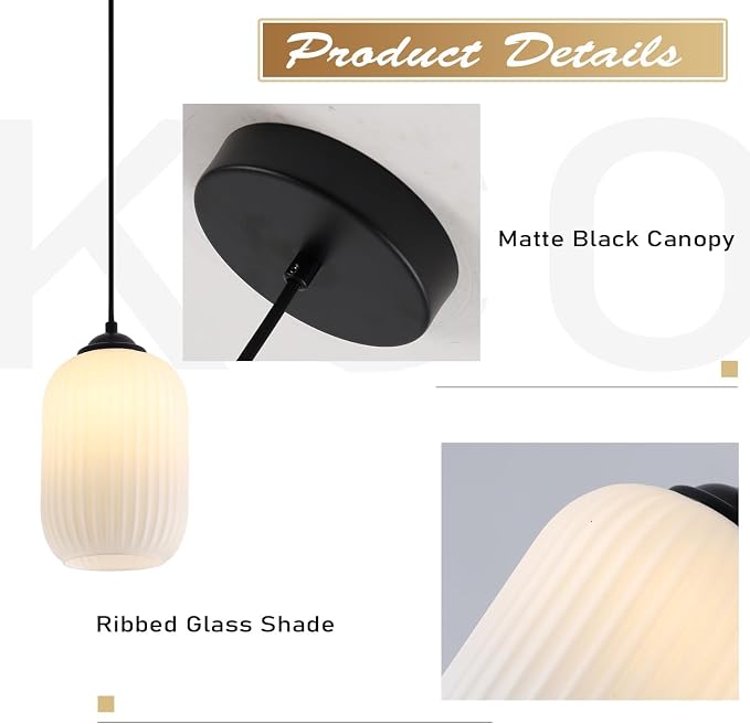 KCO Farmhouse Black Small 5.5” Ribbed Cylinder White Glass Pendant Light | Adjustable Cord E26 Hardwired Hanging Lamp Mid Century Modern Vintage Hanging Light for Kitchen Island Bedroom Dining Room - Image 3