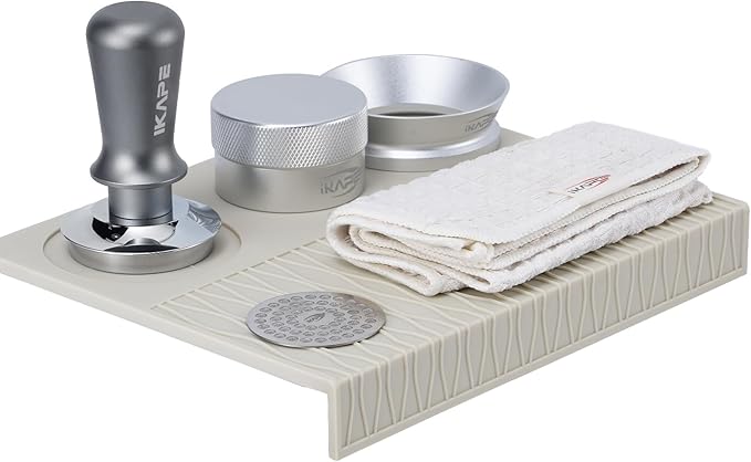 IKAPE 51MM Espresso Tamper Kit Silver 6 IN 1, Coffee Tamper Set with Tamper, Distributor, Magnetic Funnel, Silicone Mat, Puck Screen, and Cleaning Towel