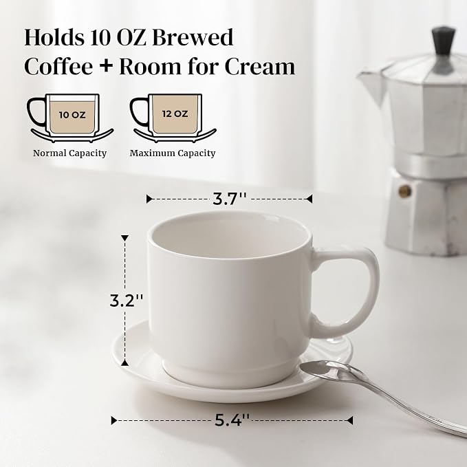 DOWAN 12oz Coffee Mugs, Cappuccino Cup and Saucer Set of 4, White Ceramic Coffee Cups for Latte/Tea/Milk, Tea Cups for Use in Office, Home and Cafes, Microwave Safe - Image 2