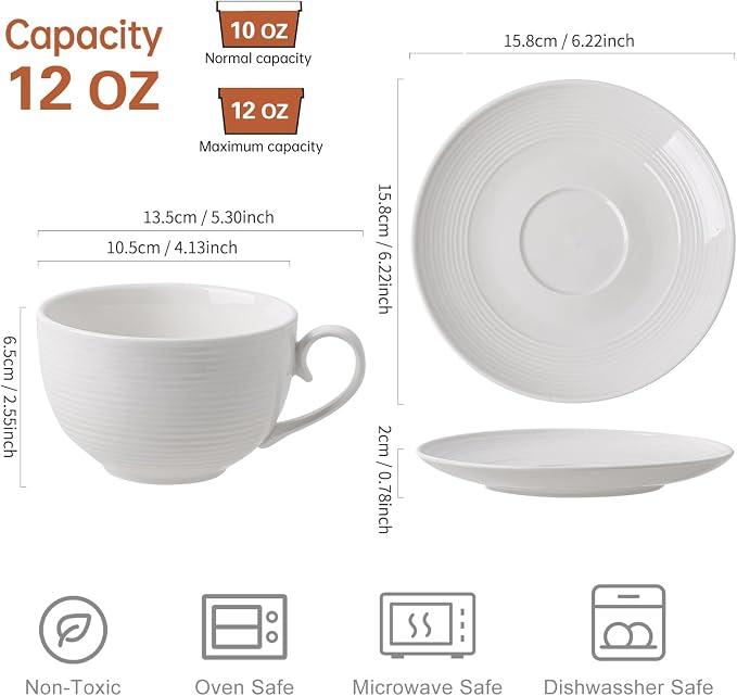 12 oz Cappuccino Cups with Saucers, Ceramic Espresso Coffee Cups Set of 4, White Latte Cup and Saucer, Elegant Tea Mugs Set, Microwave Dishwasher Safe Drinkware for Cafe, Housewarming Gift - Image 3