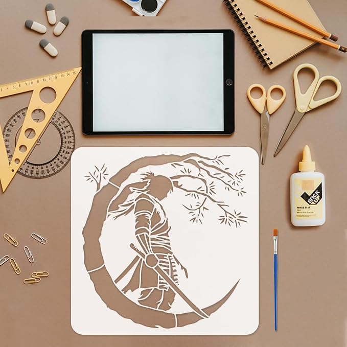 FINGERINSPIRE Samurai of The East Painting Stencil with Brush 11.8x11.8inch Plastic PET Katana Tree Pattern Drawing Template Decorative Hollowed Oriental Theme Stencil for Painting on Wood Canvas - Image 3