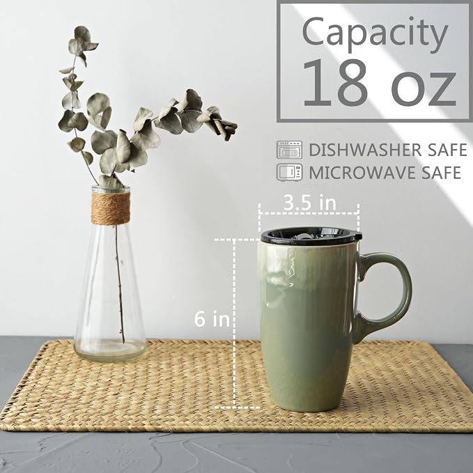 Bosmarlin Ceramic Travel Coffee Mug with Handle and Lid, 18 oz, Portable Coffee Cup for Car Cup Holder, Microwave and Dishwasher Safe, Reactive Glaze (Pale Green) - Image 2