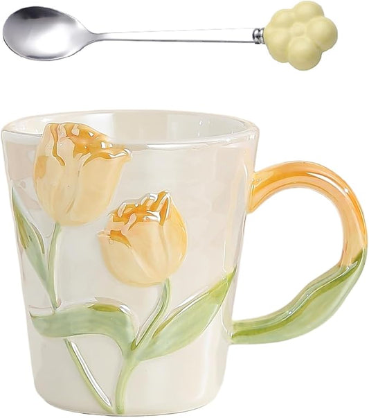 Tulip Flower Ceramic Mug 11.8Oz, Handmade Cute Coffee Tea Cup for Women, Unique Gift for Flower Lovers Mom Friend, Christmas Birthday Surprise, Yellow by Unknown