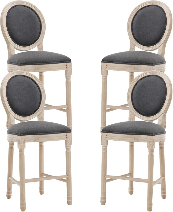 French Country Barstool, Linen Farmhouse Counter Height Chair | Set of 4, with Cushion Round Back and Solid Wood Legs, Oval Chairs for Restaurant, Bar, Kitchen, Café, Dark Grey by RCDDFurniture