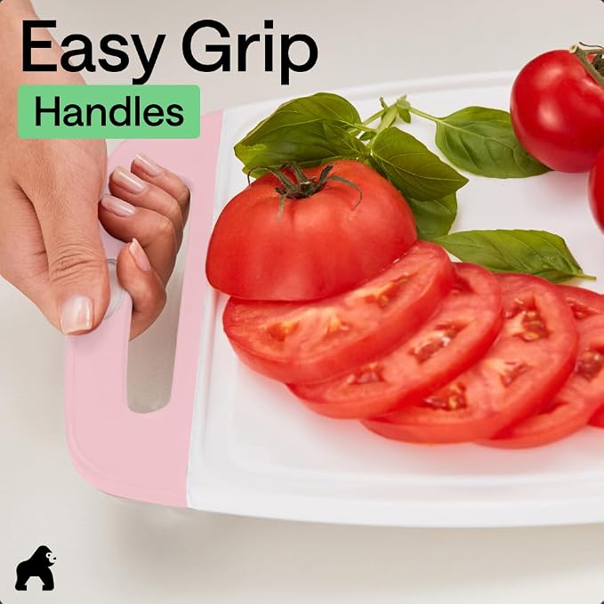GORILLA GRIP BPA-Free Reversible Kitchen Cutting Board Set of 3, US Designed, Nonporous, Juice Grooves Catch Liquid, Slip Resistant Border, Dishwasher Safe, Durable Large Food Chopping Boards, Pink - Image 8