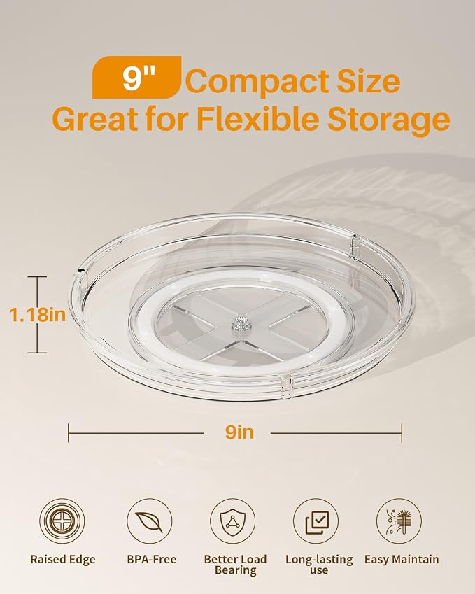 LAMU 4 Pack Lazy Susan Organizer 9 inch Lazy Susan Turntable for Cabinet, Rotating Spice Organization for Cabinet, Kitchen, Table Top, Countertop, Pantry Fridge Organizers and Storage, Clear - Image 3