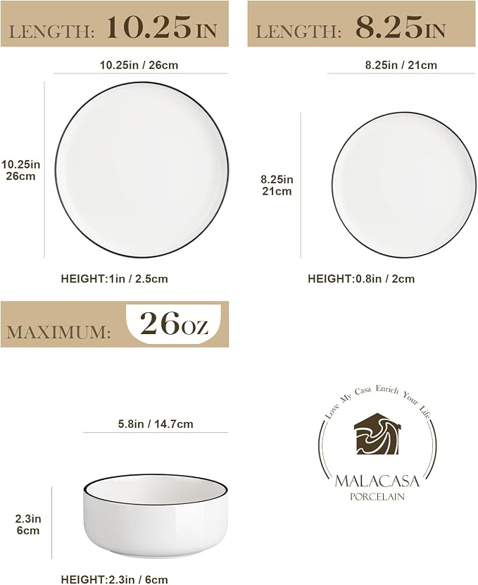 MALACASA Plates and Bowls Sets, 24 Pieces Modern Porcelain Dinnerware Set for 8 White Kitchen Dinner Dining Ware Set wtih Black Rim Ceramic Dishware Dishes Microwave and Dishwasher Safe, Series LUNA | Modern Ceramic Dishware Set,Kitchen Dining Ware,Mic... - Image 2