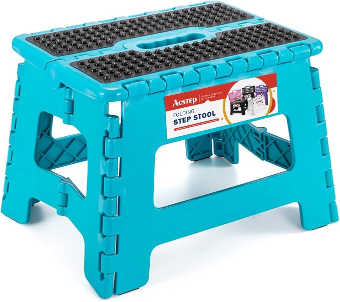 ACSTEP Folding Step Stool 9 Inch, Non-Slip Surface Stool for Kids, Dot Blue | Heavy Duty Foldable Stools, Lightweight, Holds 300 lb, for Toddler Kitchen Bathroom Bedroom Outdoor, Collapsible with Handle by ACSTEP