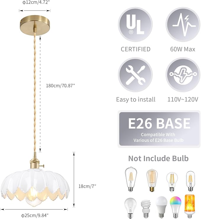 Mid Century Modern Pendant Light Nordic White Chandelier with Hand Blown Flower Glass Shade Brass Adjustable Height Dining Table Pendant Lamp with Switch for Kitchen Island Dining Room Hotel - Image 2