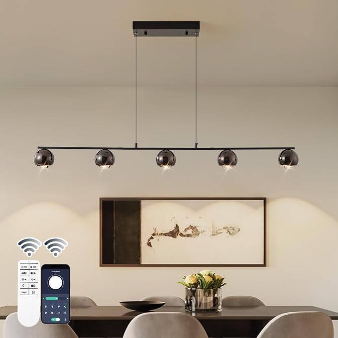 ORANOOR Modern LED Pendant Light, Dimmable 47in Linear Globe LED Chandelier | Black & Gold Chandelier Dining Room Hanging Light Fixtures, Kitchen Island 5-Globe Pendant Lighting for Dining Table (3150lm) by ORANOOR
