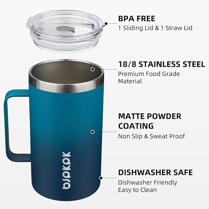 BJPKPK 25oz Insulated Coffee Mug with Handle, Stainless Steel Travel Mug | Keeps Drinks Hot & Cold, Double Wall Vacuum, 2 Lids Included, BPA-Free Coffee Tumbler for Home, Office & Travel - Image 2