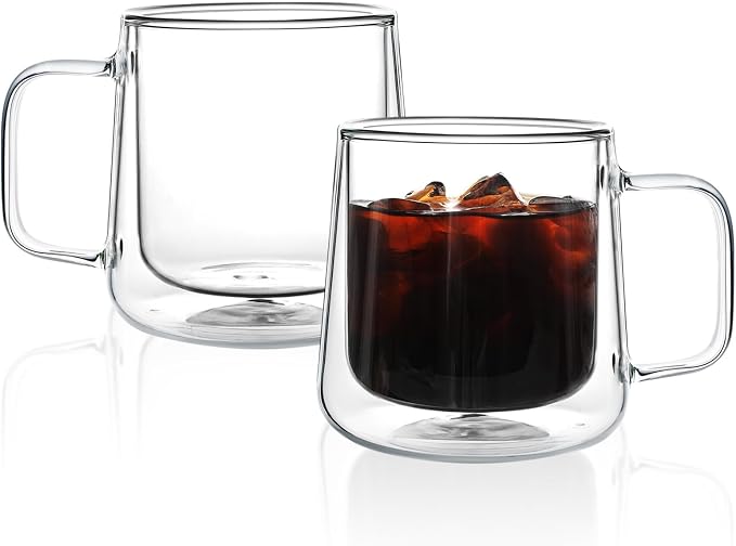 Aurzen 13oz Glass Coffee Mugs,Double Wall Insulated Glass Cups with Handle,Clear Espresso Mugs for Latte,Cappuccino,Tea Bag (2, 13oz) by Aurzen